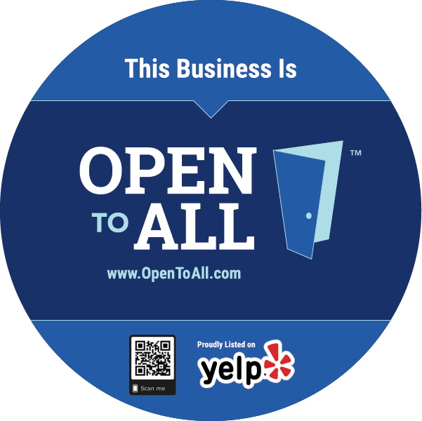 Front of Open to All Circular Cling with Yelp logo